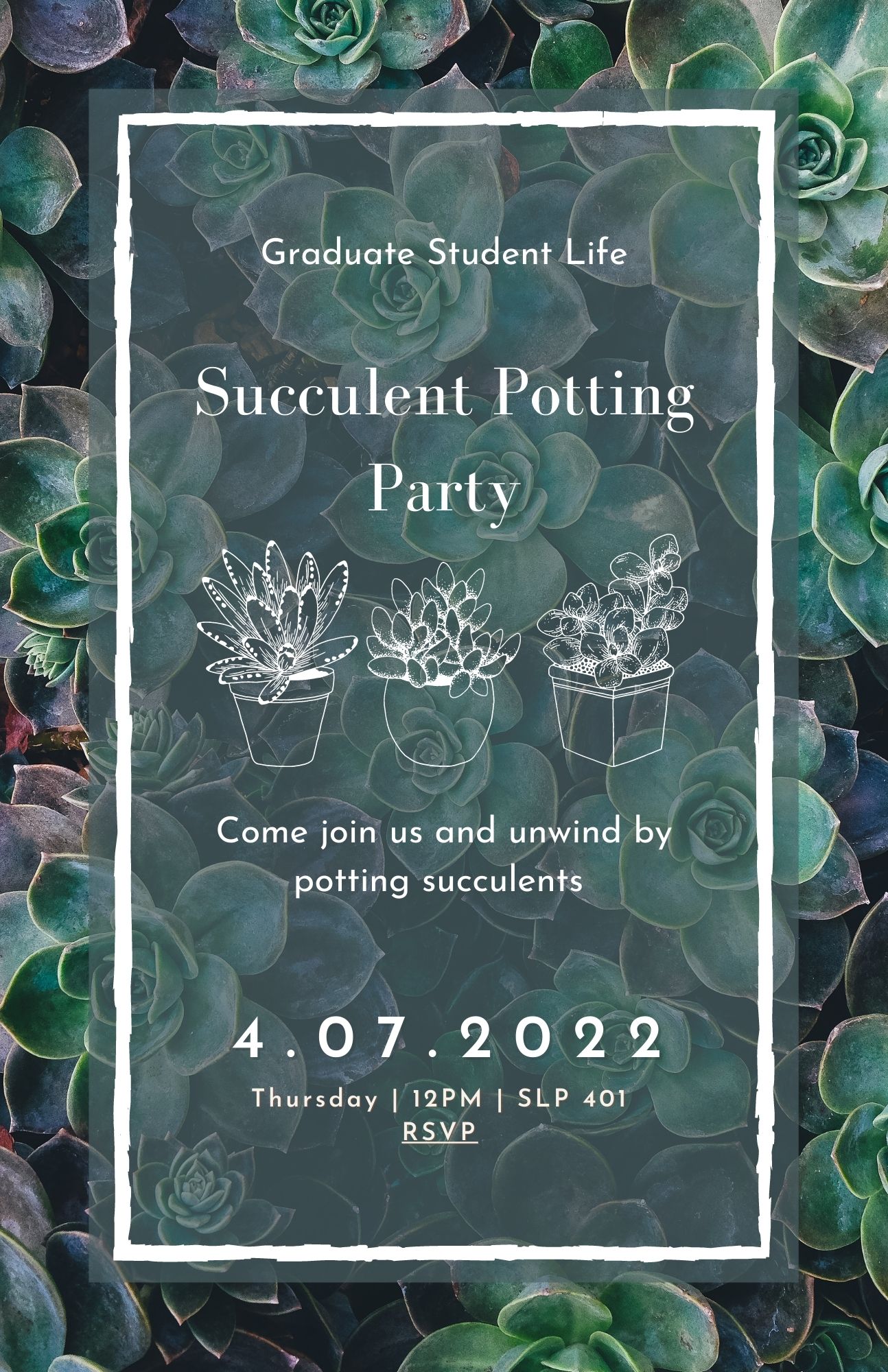 Succulent Potting Party, April 7th, 12pm, SLP 401, https://sandiego.secure.force.com/events#/esr?eid=a0K4y00000YS5RTEA1