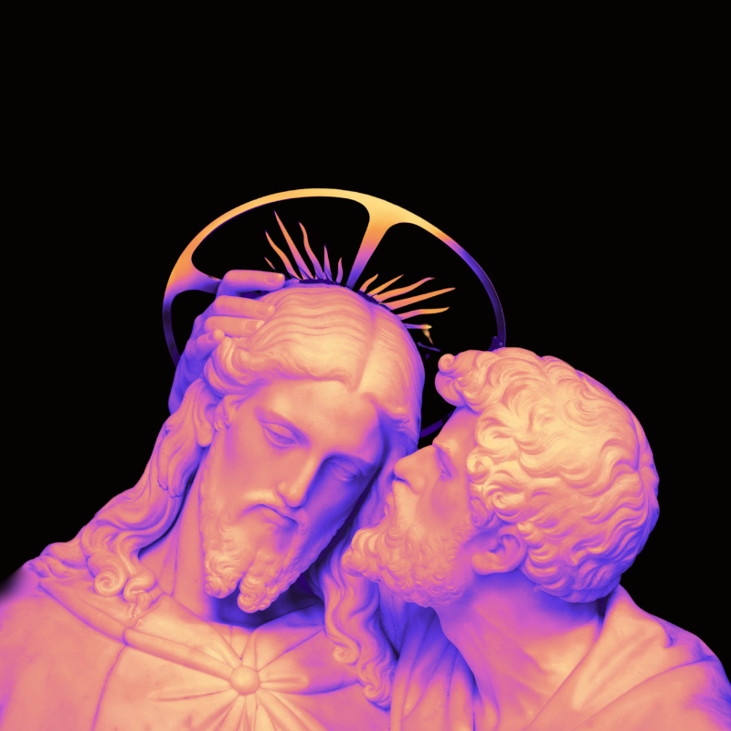 Technicolor wash of the statue of Judas kissing Jesus in betrayal Sacred Santuario Scala Santa Rome Italy.