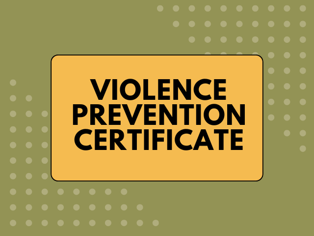 Sage green background with "violence prevention certificate" in a yellow box 