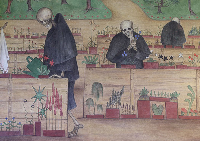 Painting of skeleton watering cactus plants.