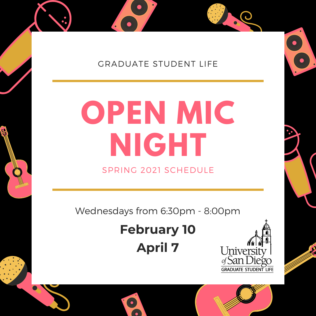 Decorative flyer: black background with bright instruments, mics, and speakers, white square with black and bright text