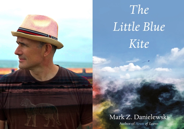 Left side is Danielewski looking toward the left, one. beach in a black shirt and tan hat. On the right is his cover jacket which features a blue sky and white clouds.