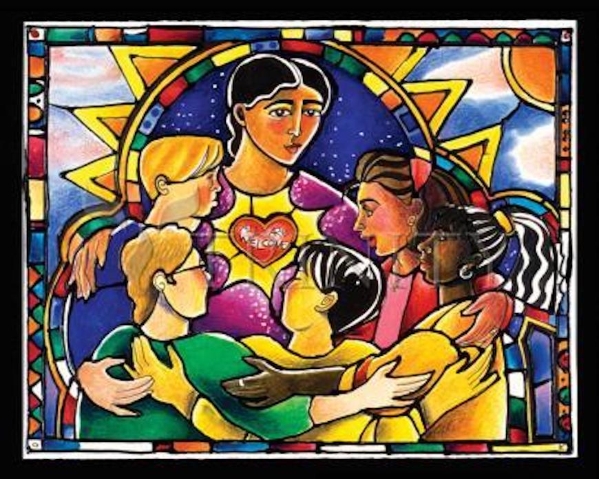 artwork by Brother Mickey showing people in a circle holding each others arms