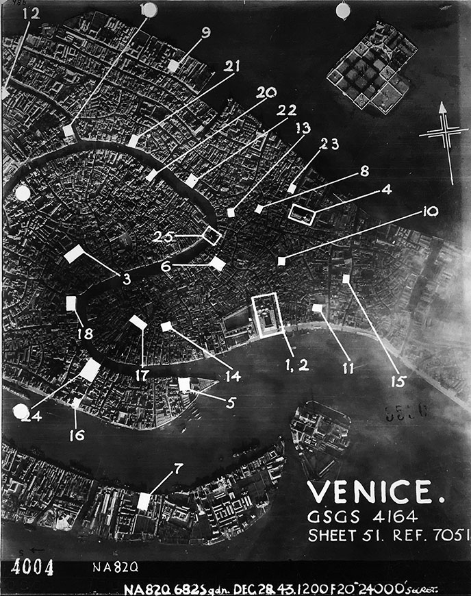 Allied Air Forces, Aerial Map of Venice with monuments marked, 1944