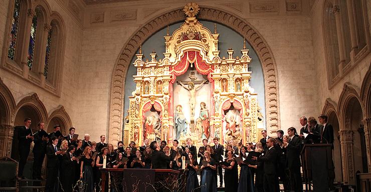 Members of USD's Choral Scholars and Kammerchor der Universitat zu Koln collaborate on a song during a March 20 performance in USD's Founders Chapel.