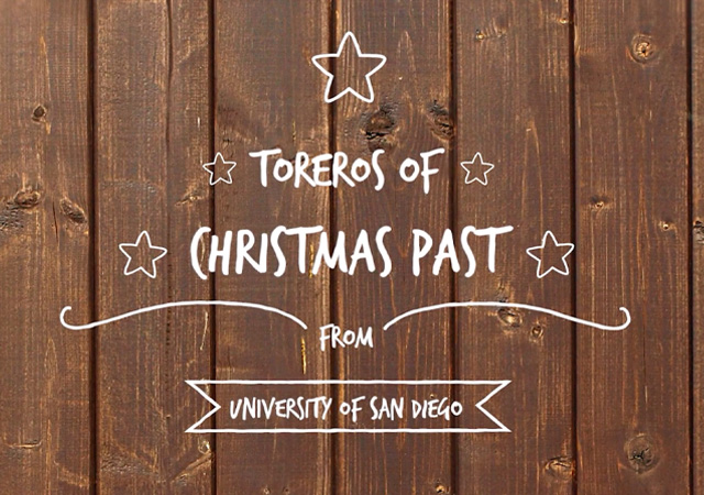 Wood backdrop with the text Toreros of Christmas Past from University of San Diego