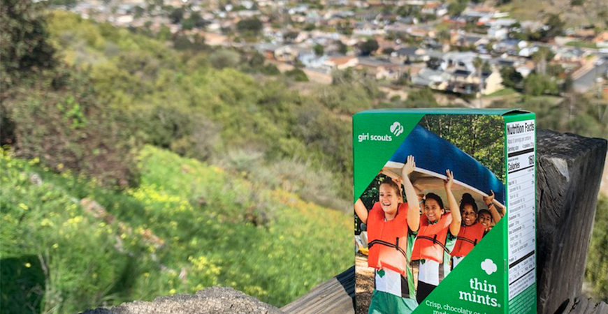 Girl Scout cookies box next to Tecolote Canyon