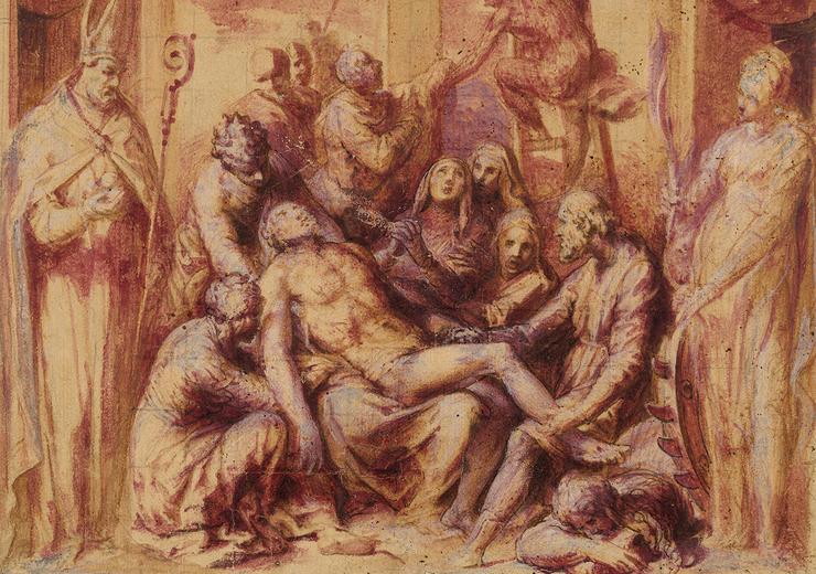 Giovanni de’ Vecchi, The Lamentation with Saints Nicholas and Catherine of Alexandria, 1550–1600, Brush drawing in brown and mauve wash. ©The Trustees of the British Museum.