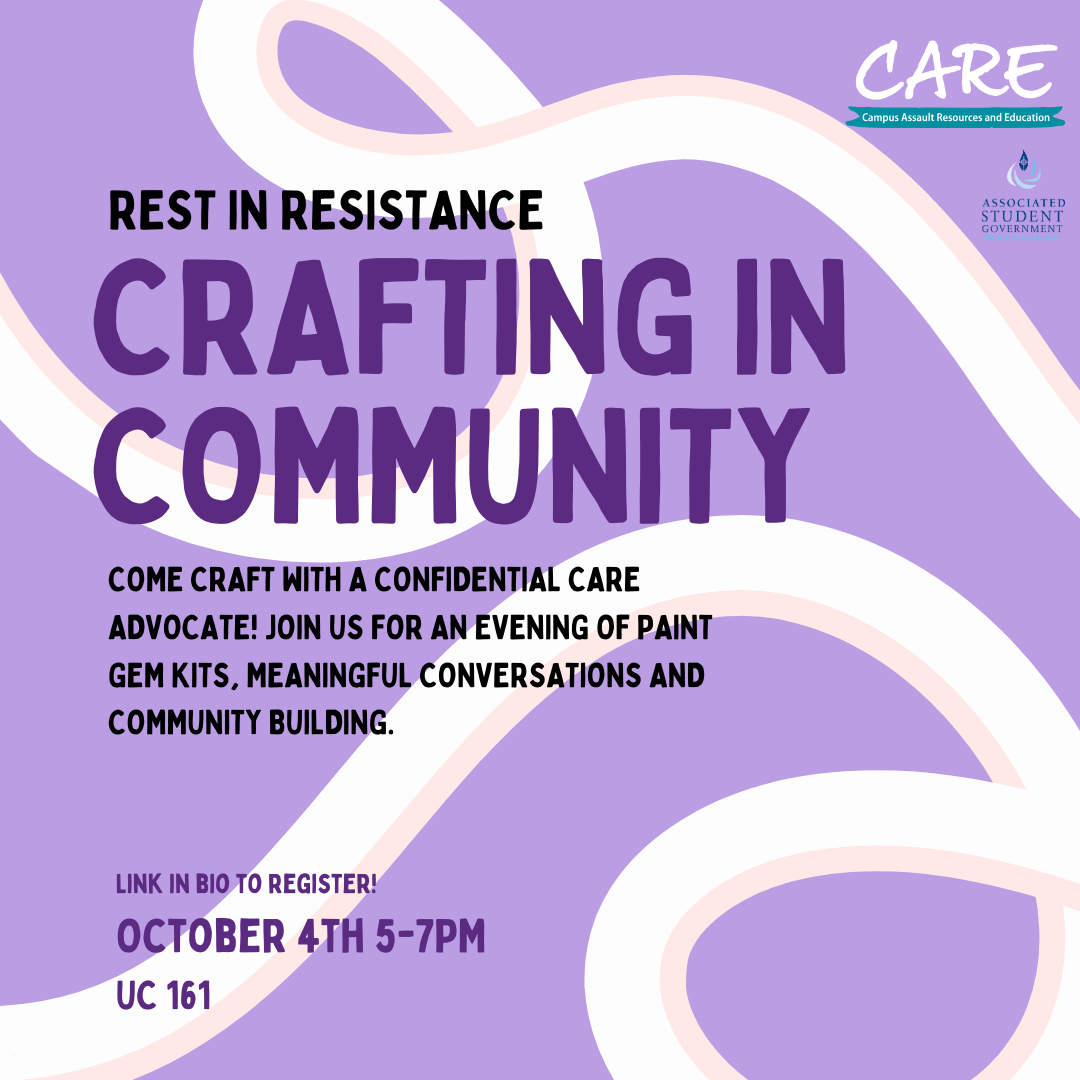 On a purple background, the following text reads: "Rest in Resistance. Crafting in Community ; Come craft with a confidential care advocate! join us for an evening of paint gem kits, meaningful c