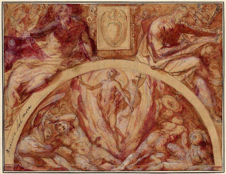 Giovanni de’Vecchi’s “Design for a chapel decoration with the Resurrection” circa 1550-1600, brush drawing in brown and mauve wash with white over black and red chalk.