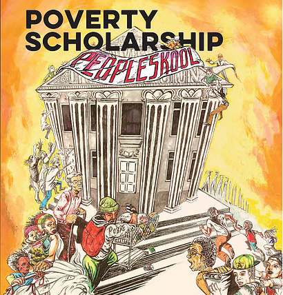 cartoon of White House with sign "Peopleskool" on it and caption "Poverty Scholarship" above it