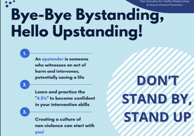 light and dark blue flier with the following information: Bye-bye Bystanding! Hello Upstanding!  Date: Thursday 3/24; Time: 12:30-2; Location: Maher 207 Food will be provided!