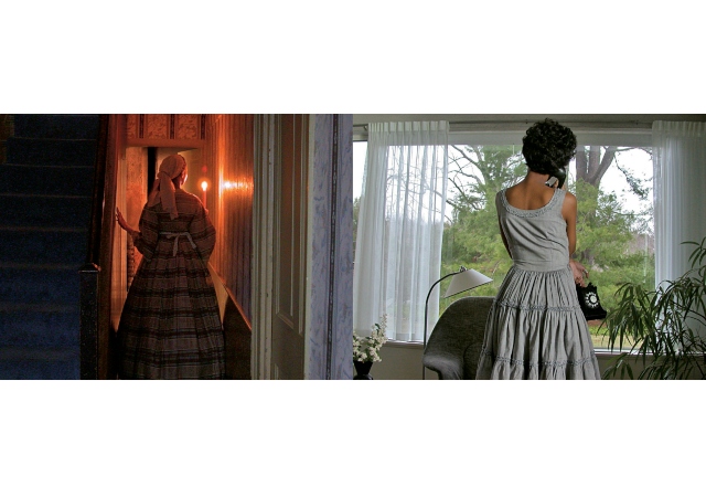 Woman on left side walking down corridor in a dress and head scarf. Woman on right on telephone and looking out the window to a tree.