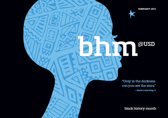 Graphic with overlay text that reads BLM@USD: Black History Month at USD