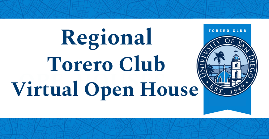 Event flyer with title "Regional Torero Club Virtual Open House" and USD medallion on the right