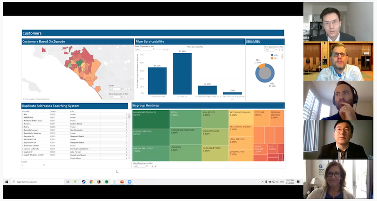 University of San Diego business analytics graduate students virtually present their capstone projects (photo shows tables and charts created by students)