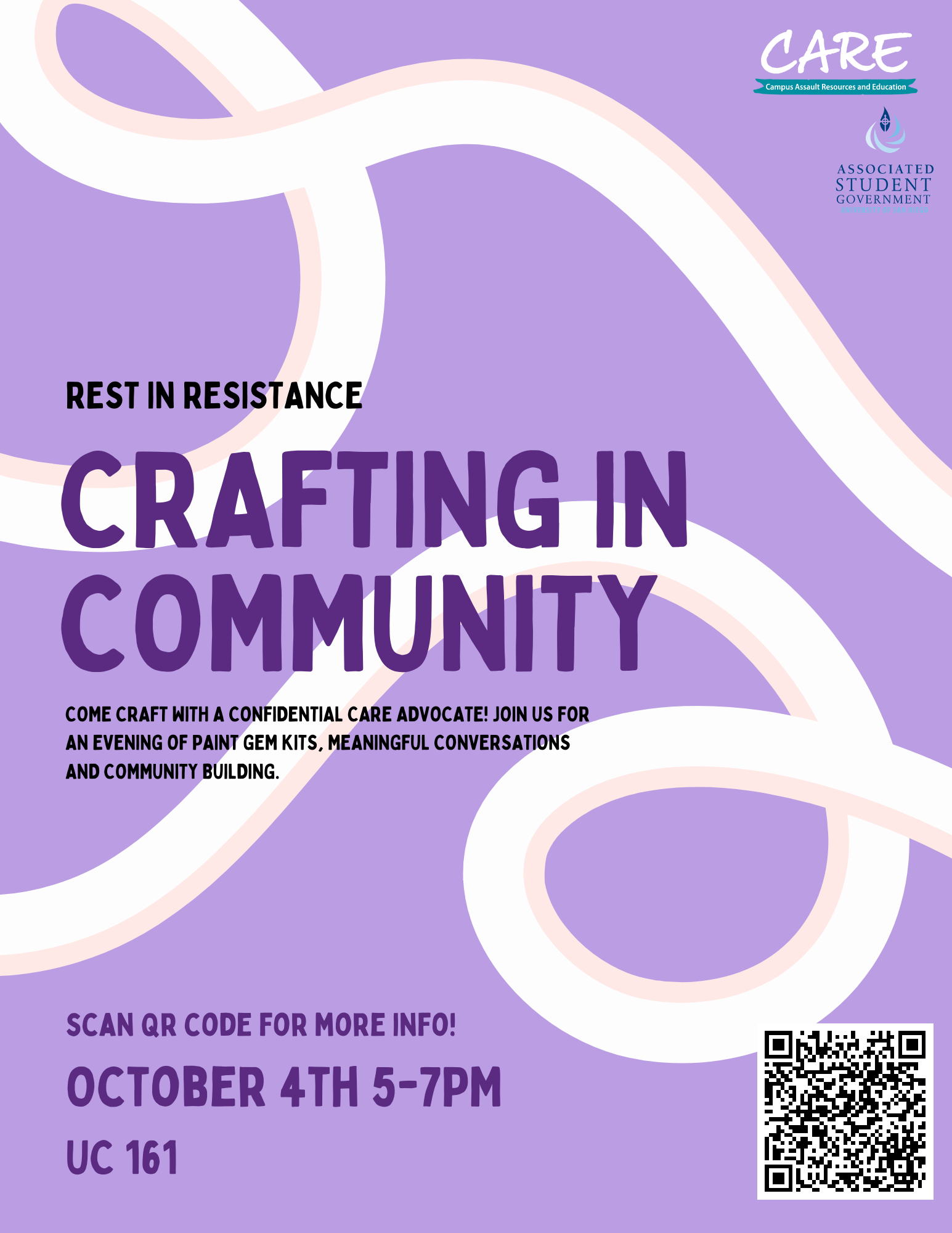 On a purple background, the following text reads: "Rest in Resistance. Crafting in Community ; Come craft with a confidential care advocate! join us for an evening of paint gem kits, meaningful c