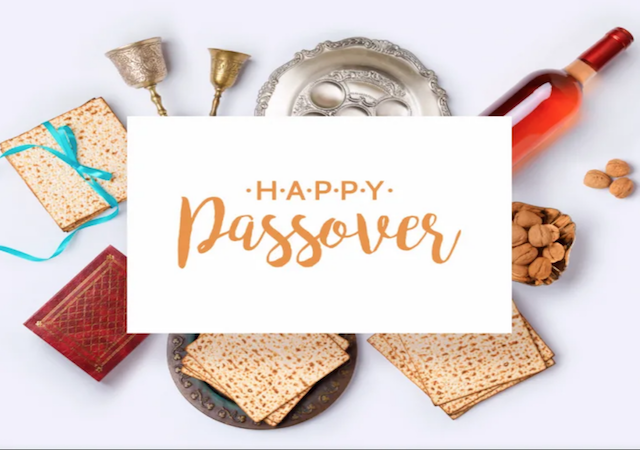'Happy Passover' logo on screened over ceremonial items