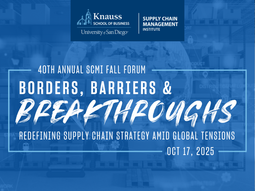 image of globe with text that says 40th annual supply chain management institute fall forum, borders, barriers, and breakthroughs, redefining supply chain strategy amid global tensions