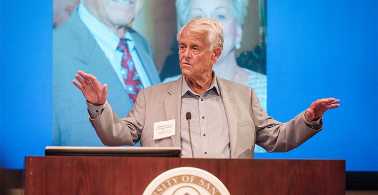 Malin Burnham, Emeritus policy advisory board member at the Burnham-Moores Center for Real Estate, announced a $2.3 million gift to support USD real estate students and faculty.