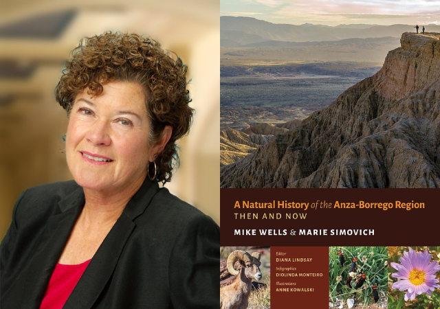 A headshot of Marie Simovich next to a photograph of the mountains of Anza-Borrego, their local wildlife, and a lavender flower.