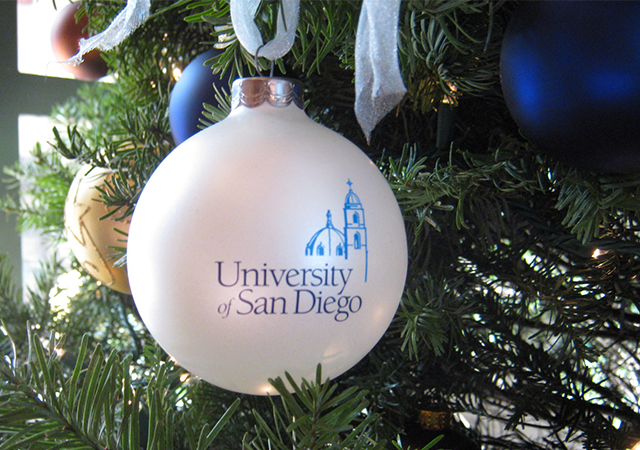USD Ornament on a Christmas tree on campus. Merry Christmas to all from the University of San Diego!