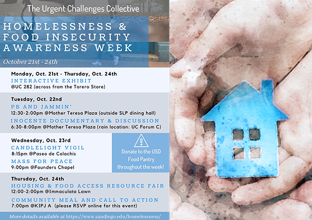 Homelessness & Food Insecurity Week flyer with event dates and locations