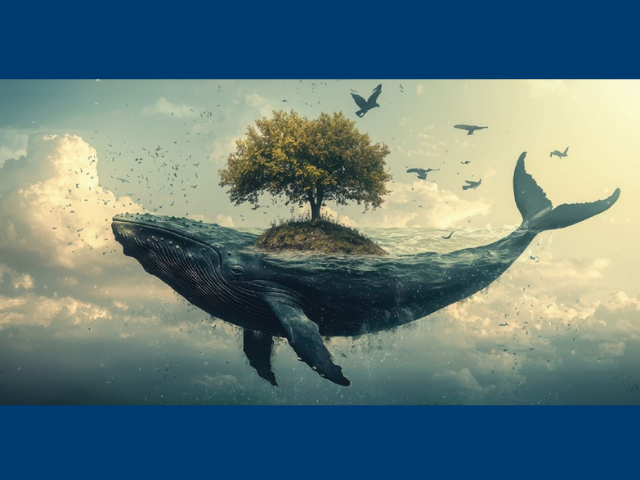 Image of a whale with a tree on its back and the text describing the event.