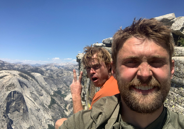 Alumnus Danford Jooste (left) and climbing partner Nick Ehman (right) at the summit of Yosemite's Half Dome.