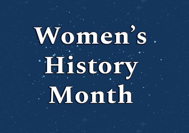 blue graphic with white lettering: "Women's History Month"