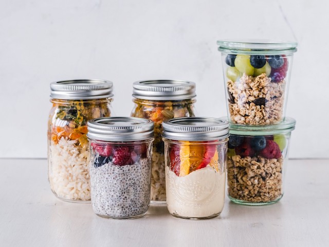 Mason jars storing various food items 
