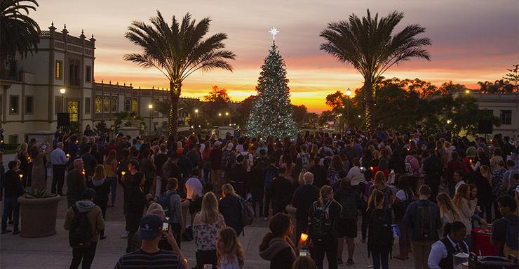 USD Ornament on a Christmas tree on campus. Merry Christmas to all from the University of San Diego!