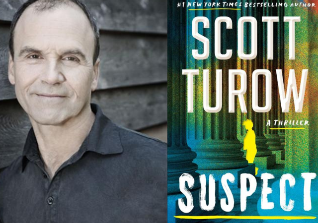 Headshot of Scott in a button down dark shirt with his book cover on the right side which features the columns of a court building.