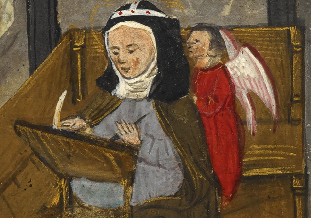This is art of a woman writing with an angel on her shoulder.
